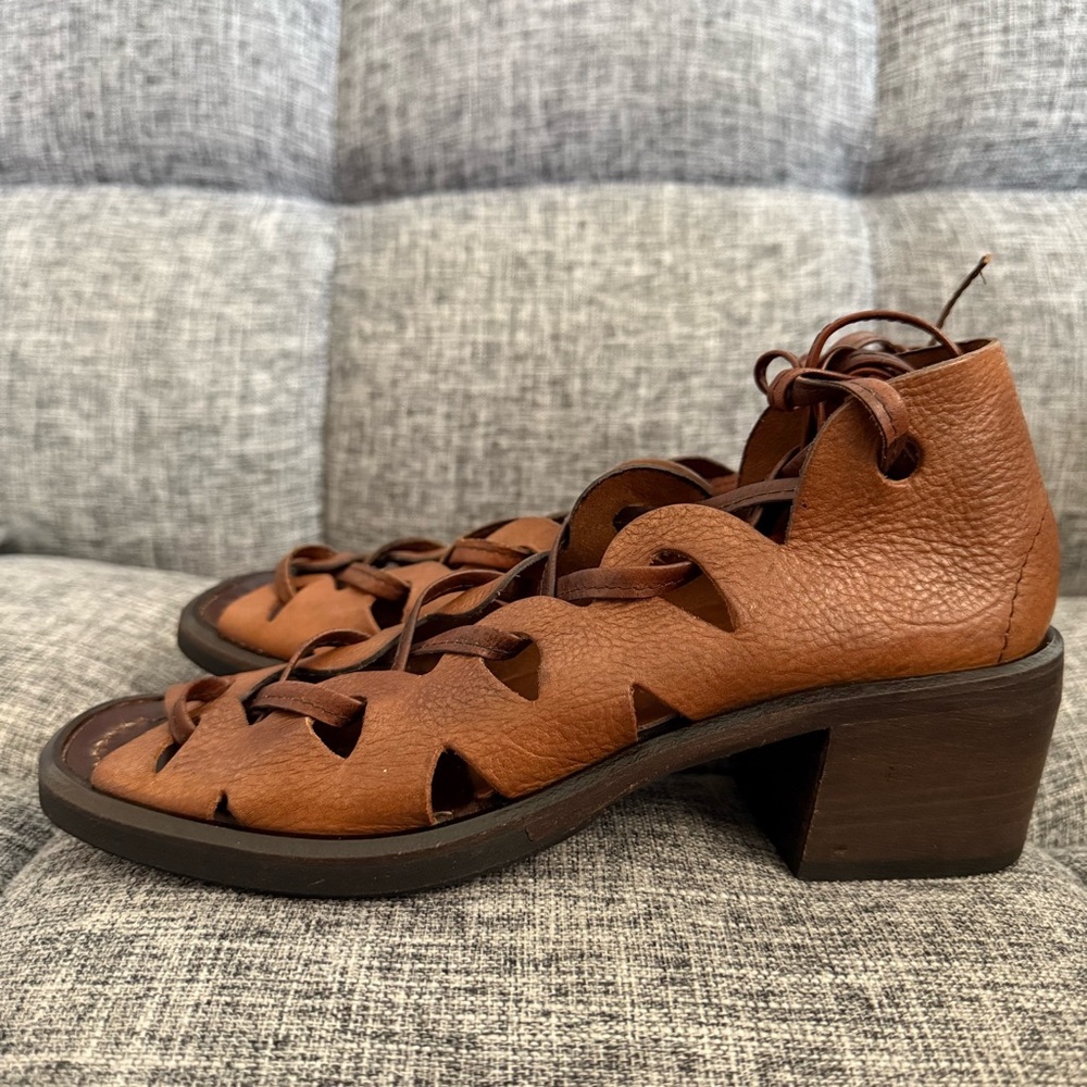 Aketohn Brown Leather Lace Up Gladiator Sandals Stacked Chunky Heel Size 37 - Picture 4 of 14